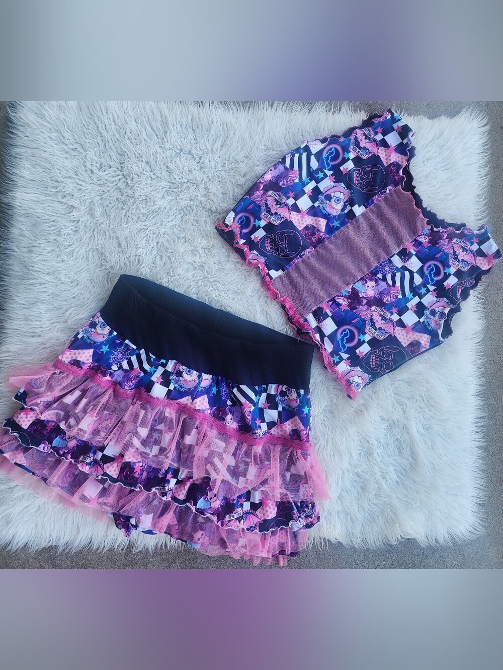 Rave Outfit Ruffle Bloomer Shorts And Top  Spooky Pink Goth Sheer Mesh Skull Bat